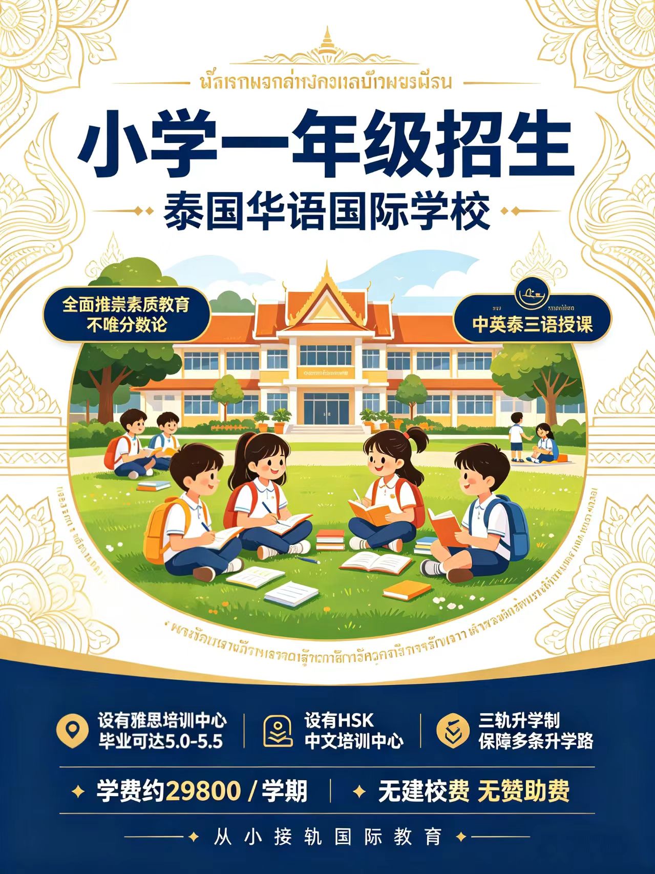 曼谷华语国际学校小学一年级招生‖低学费三语教学